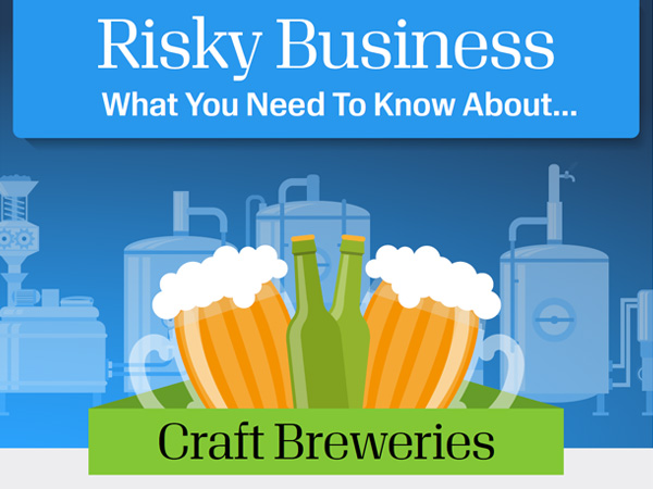 risky business craft breweries graphic featuring beer mugs, bottles, and industrial brewery equipment