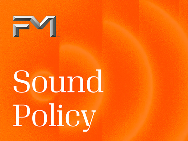 FM Sound Policy podcast artwork with white text on an orange gradient background