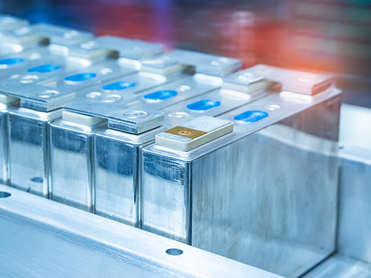 close-up view of lithium-ion battery cells arranged in a metal casing